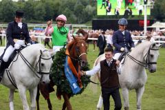 Zwischen den Schimmeln: Derbysieger Isfahan mit Dario Vargiu und Betreuer Kevin John Gatley. www.galoppfoto.de - Sabine Brose