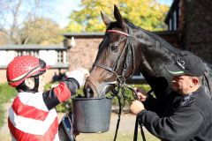 Jockey Bayarsaikhan Ganbat tränkt Becassio nach dem Sieg 2021 in Hoppegarten ©galoppfoto - Frank Sorge