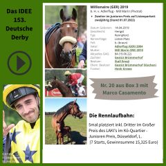 Geht mit der Nr. 20 ins IDEE 153. Deutsche Derby - Millionaire. ©galoppfoto - Turf-Times - Dr. Jens Fuchs