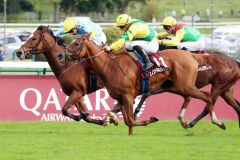 Ein Wimpernschlagfinish im Prix de l'Opéra zwischen Rougir (li.) und Grand Glory. www.galoppfoto.de